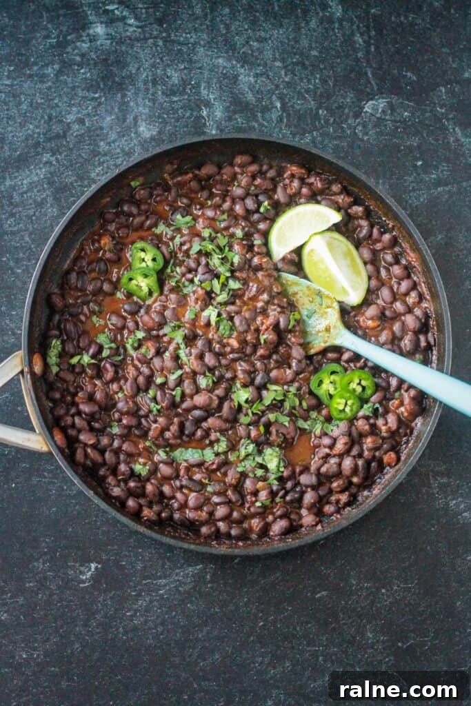Zesty Spiced Black Beans Recipe for Bold Flavor 7 Canned black beans simmered with spices and garnished with chopped cilantro and sliced jalapeños.