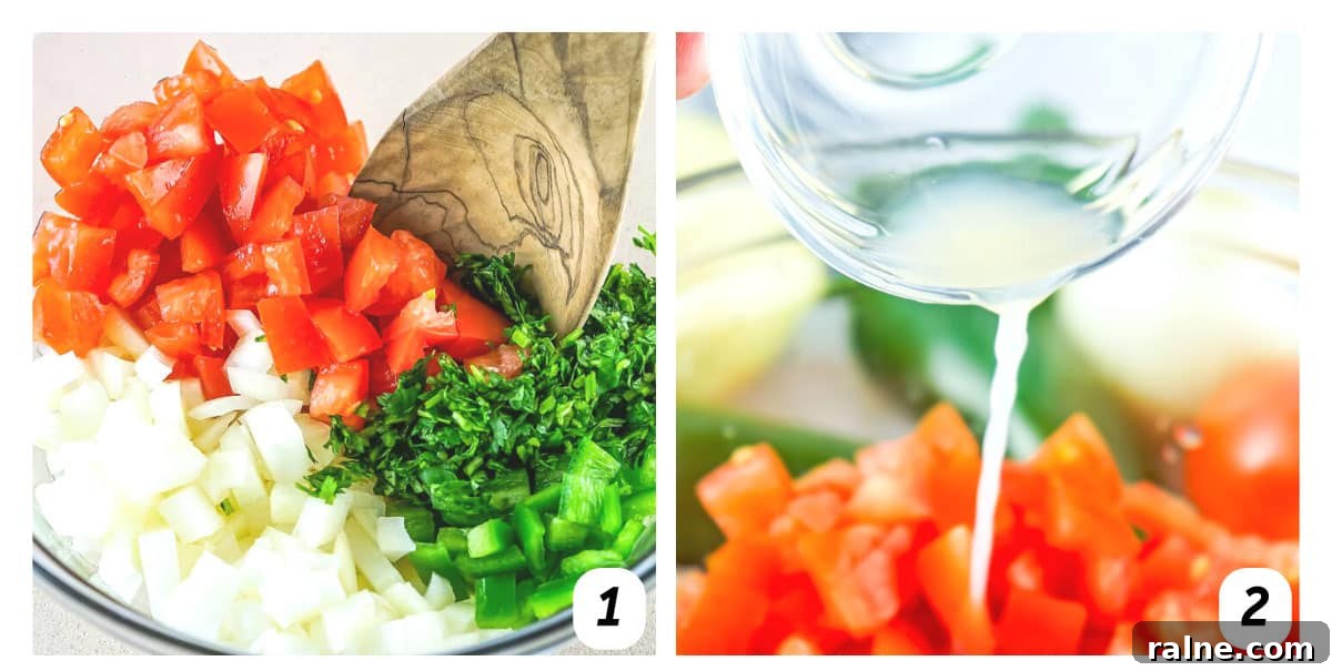 Authentic Mexican Pico de Gallo Recipe: Fresh Salsa Tradicional 4 Two panel grid of process shots - chopping and combining veggies and herbs and adding lime juice.