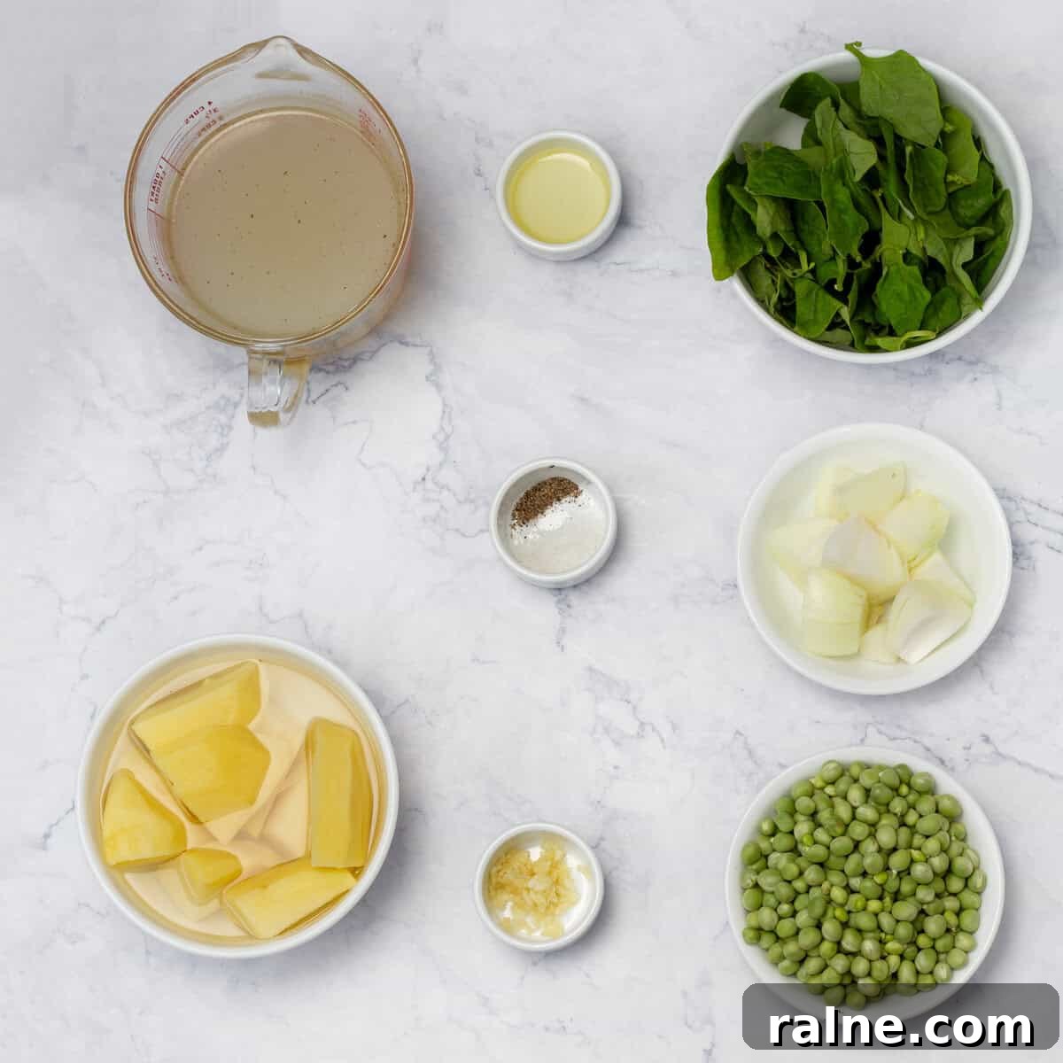 Ingredients for the soup in small, separate dishes.
