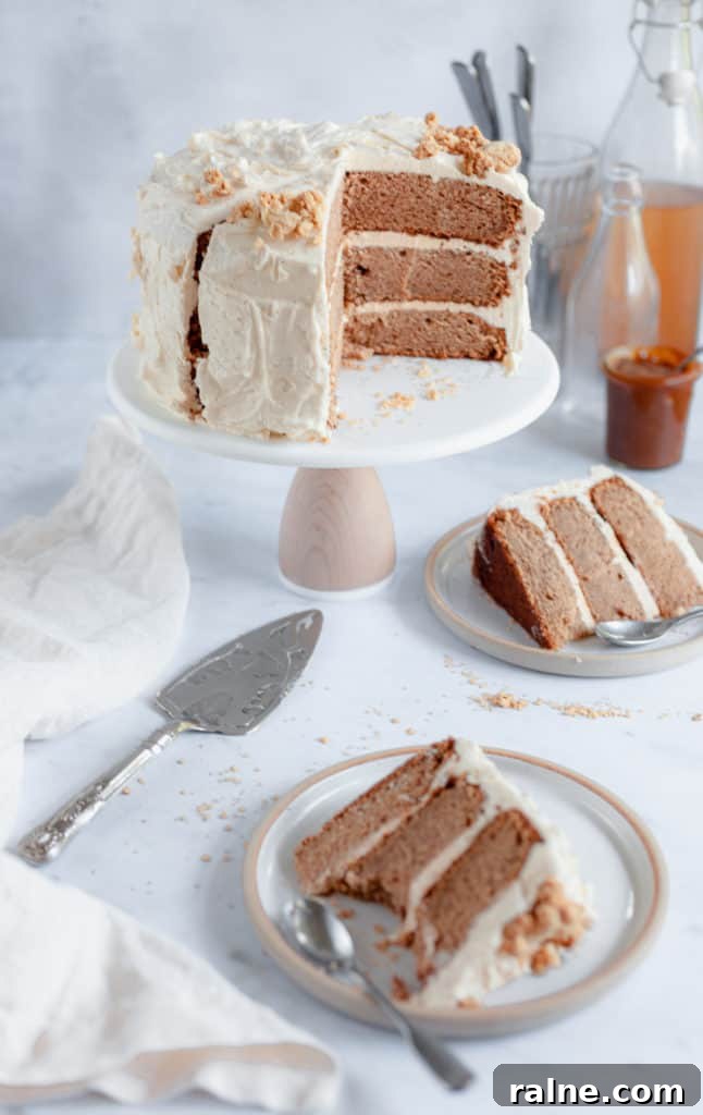 Apple Cider Layer Cake with Pie-Crumb Frosting and Salted Caramel Filling 2 apple layer cake on a stand, 2 slices on plates