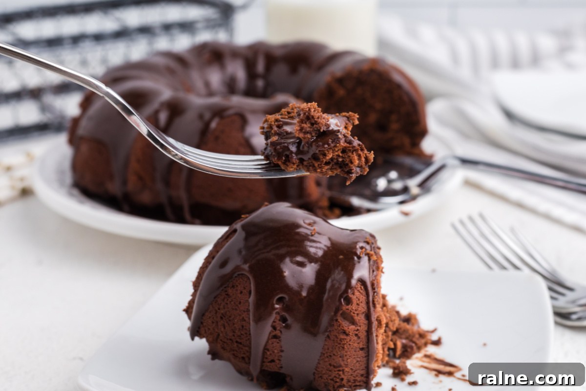 Chocolate Bundt Cake made in the air fryer, sliced, and served - bite shot. 