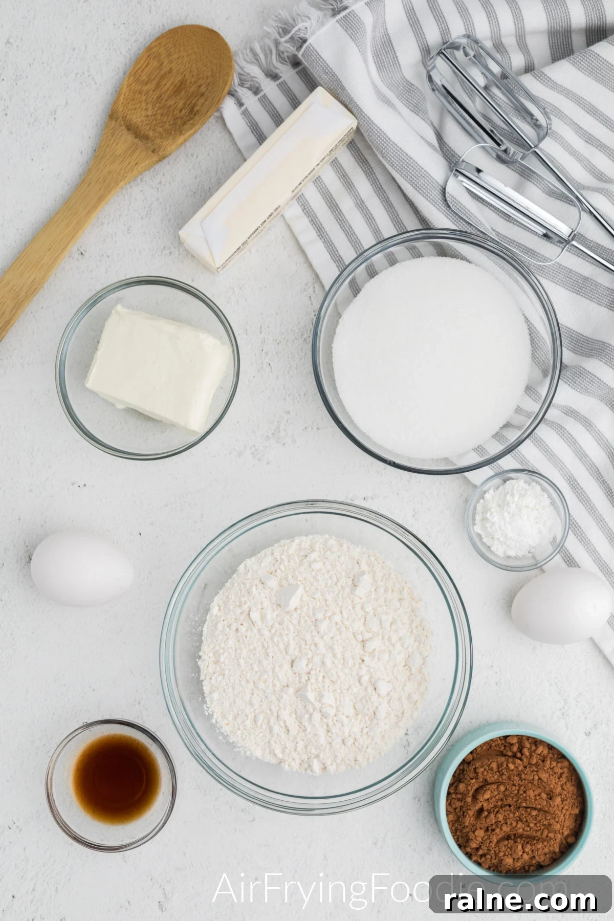 Ingredients needed to make a chocolate bundt cake in the air fryer.