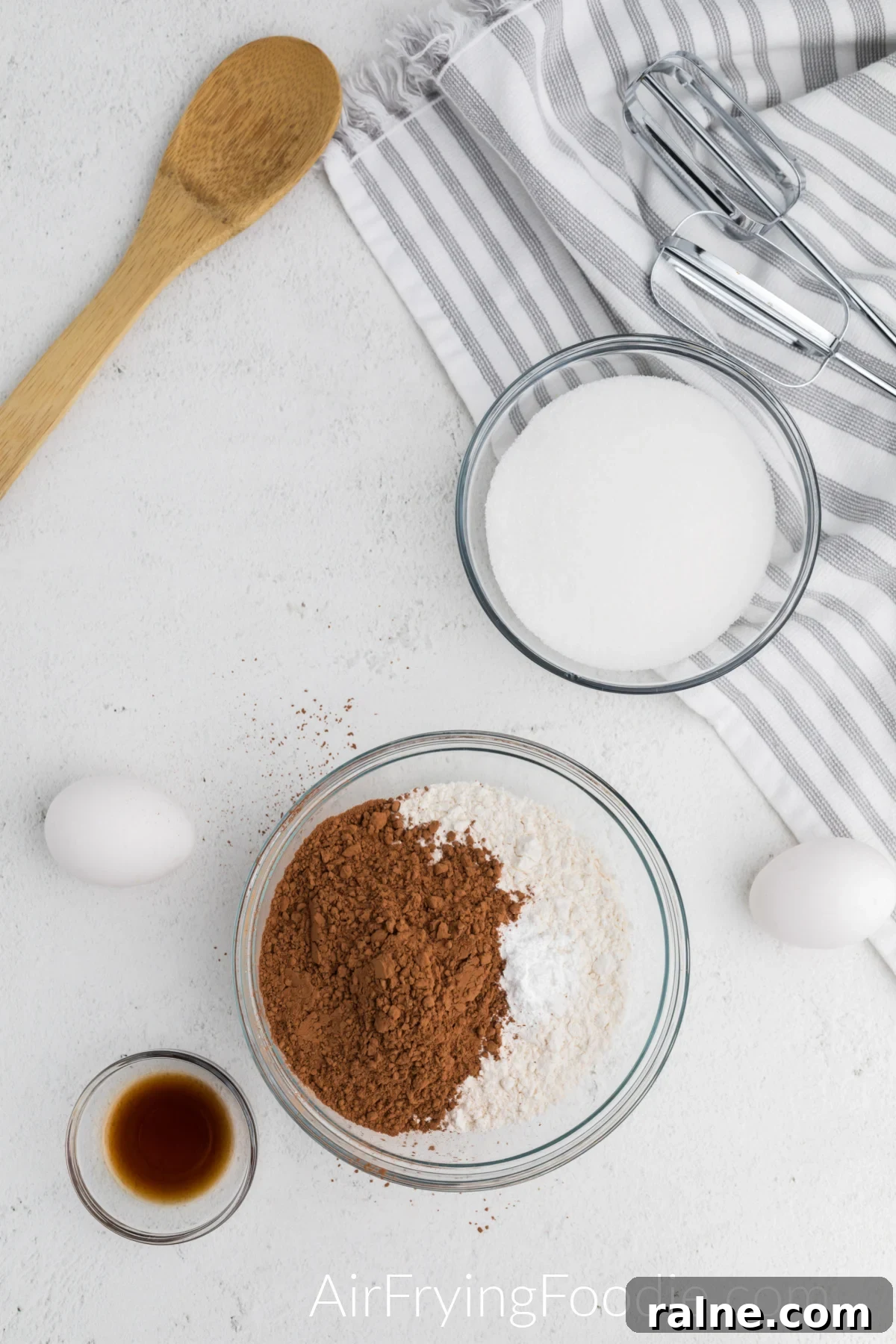 flour mixture and cocoa powder in a bowl.