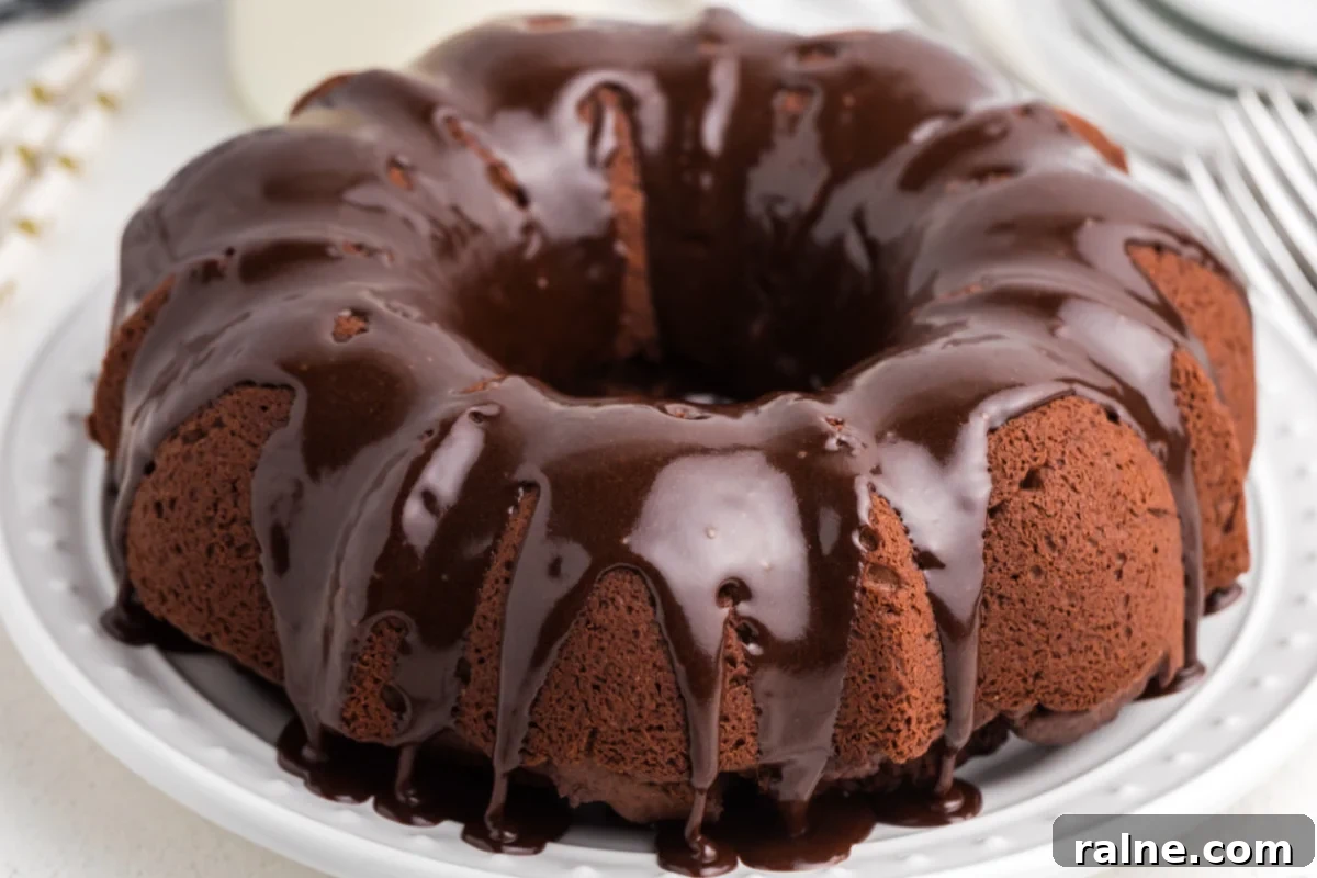 Chocolate bundt cake with chocolate frosting on a white plate. 