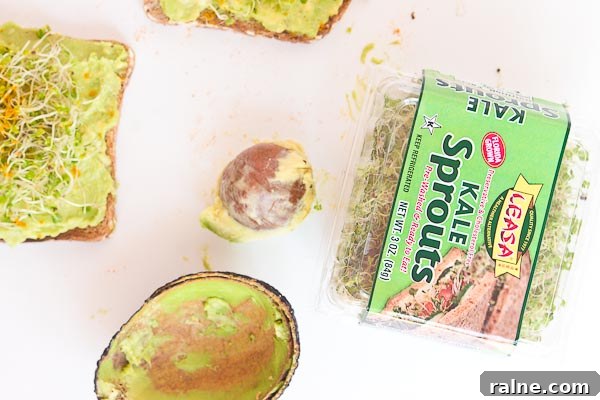 Crunchy Kale Sprout Avocado Toast Recipe for Breakfast or Brunch 4 Start out your day with Avocado Toast with Kale Sprouts. This meal makes you feel good from the inside out! Serve with a big bowl of bitter greens to get even more veg into your diet.