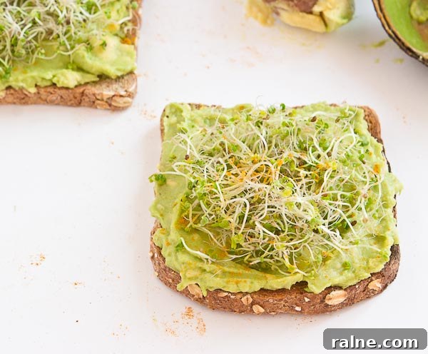 Crunchy Kale Sprout Avocado Toast Recipe for Breakfast or Brunch 5 Start out your day with Avocado Toast with Kale Sprouts. This meal makes you feel good from the inside out! Serve with a big bowl of bitter greens to get even more veg into your diet.