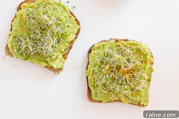 Crunchy Kale Sprout Avocado Toast Recipe for Breakfast or Brunch 6 Start out your day with Avocado Toast with Kale Sprouts. This meal makes you feel good from the inside out! Serve with a big bowl of bitter greens to get even more veg into your diet.