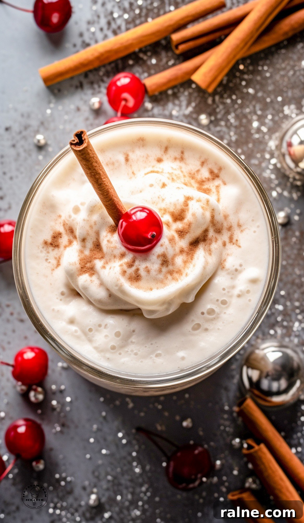 Creamy Eggnog Milkshake Recipe for the Holidays 4 A homemade eggnog milkshake, viewed from overhead