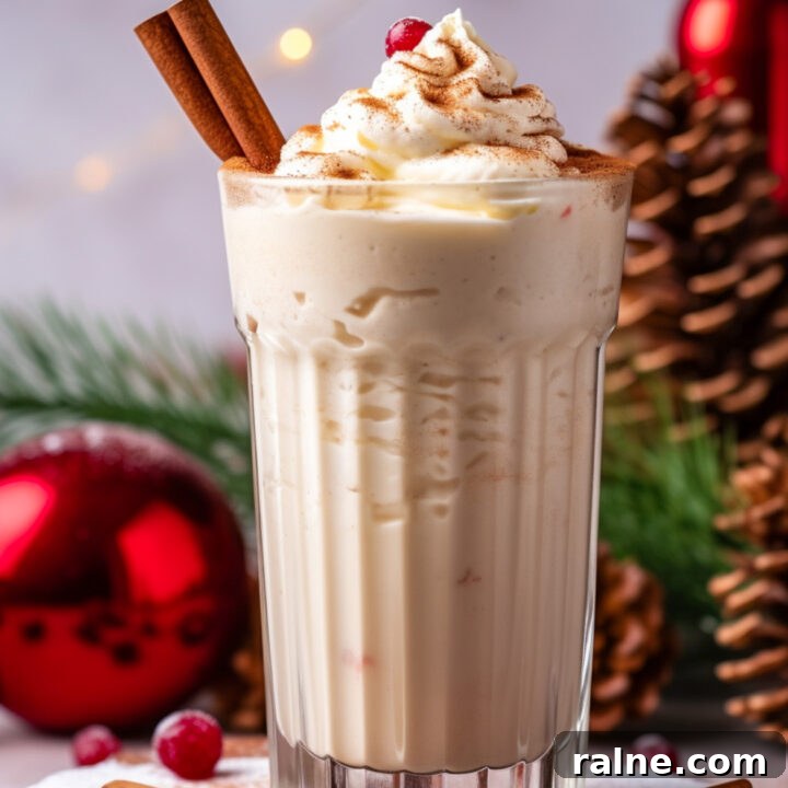 An eggnog milkshake in a tall glass, garnished with cinnamon sticks, whipped cream, and a cranberry. In the background are red ornaments, greenery, and pinecones.