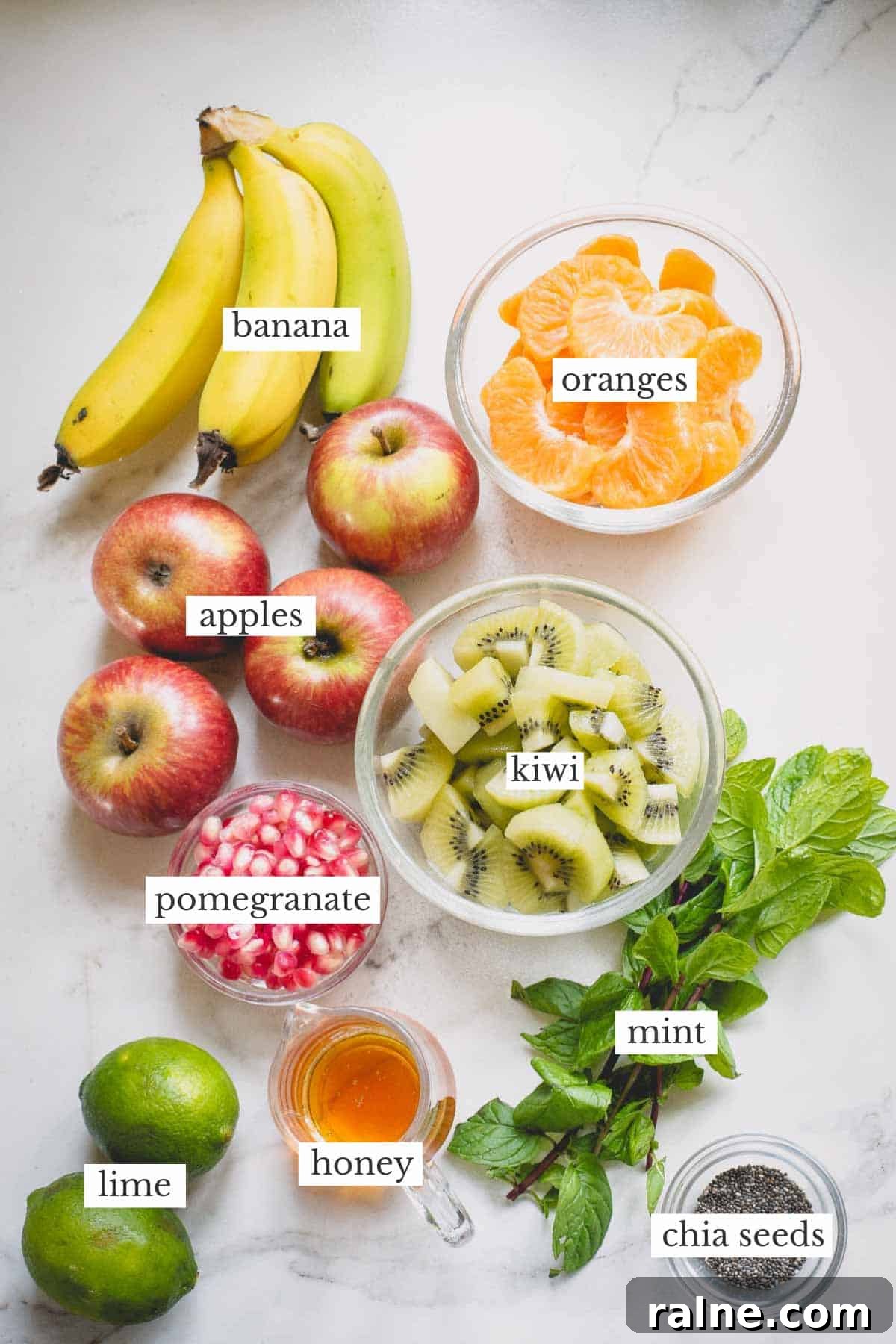 bananas, apples, oranges, kiwi, mint, limes, and honey.