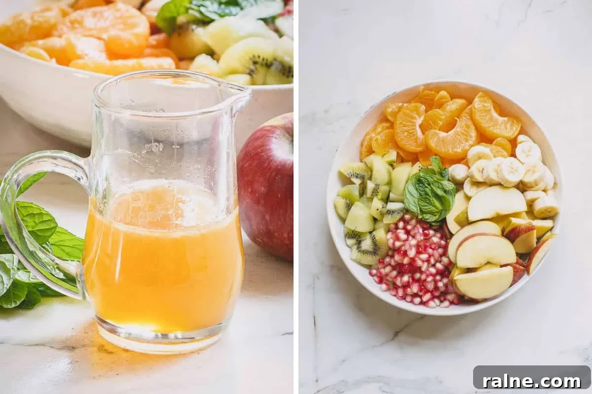 a jar of honey lime dressing, a bowl of fruit. 