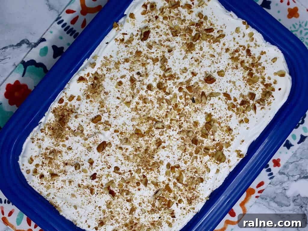 a finished pan of four layer delight ready for serving