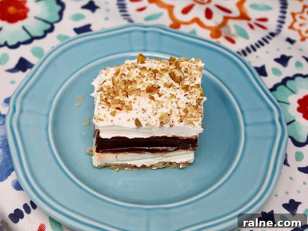 chocolate delight on a serving plate with chopped pecans decorating the top