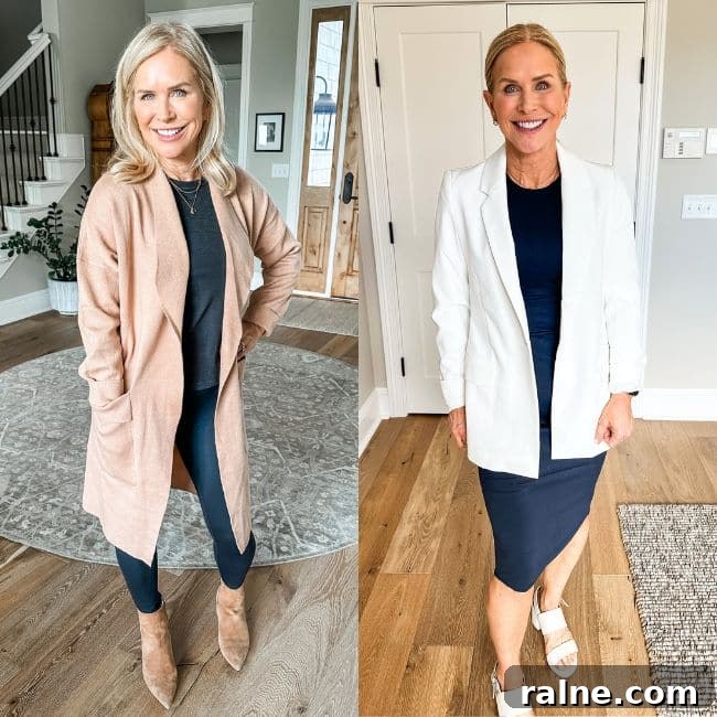 woman showing coatigan and blazer for a less baggy fashion look