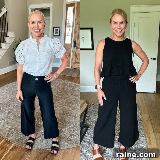 woman showing high waited pants with top tucked in and two piece black outfit from amazon
