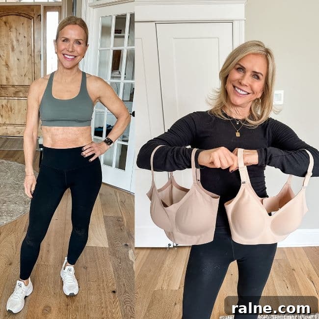 woman showing her favorite sports bra and everyday bras from amazon for older women