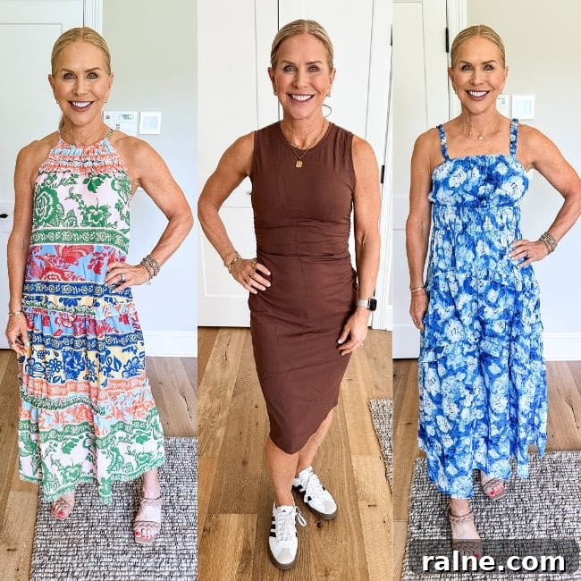 woman showing three different dresses from amazon that make you look thinner instantly