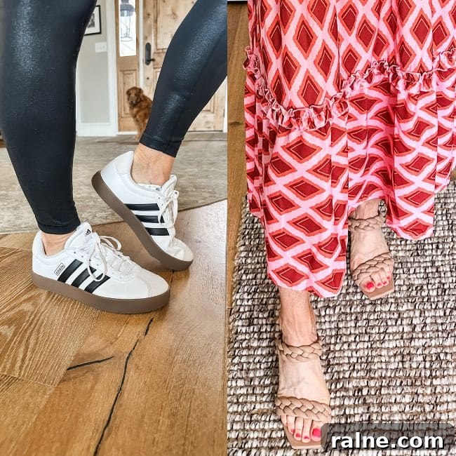 woman showing close up of trendy white sneakers and nude heel sandals