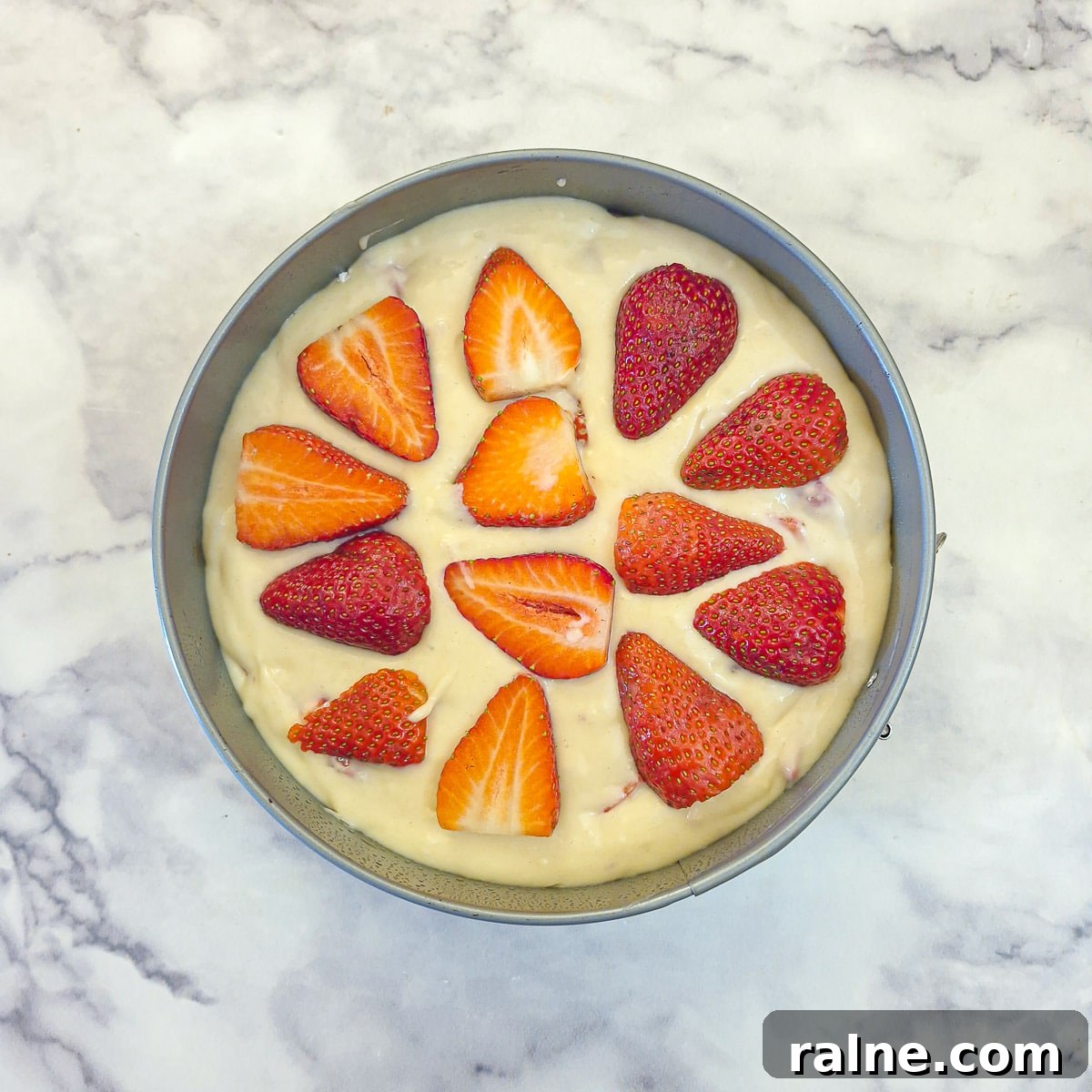 Light Mascarpone Strawberry Cake Without Butter — Moist Summer Dessert 12 Sliced strawberries arranged on top of the cake batterr in a springform pan.