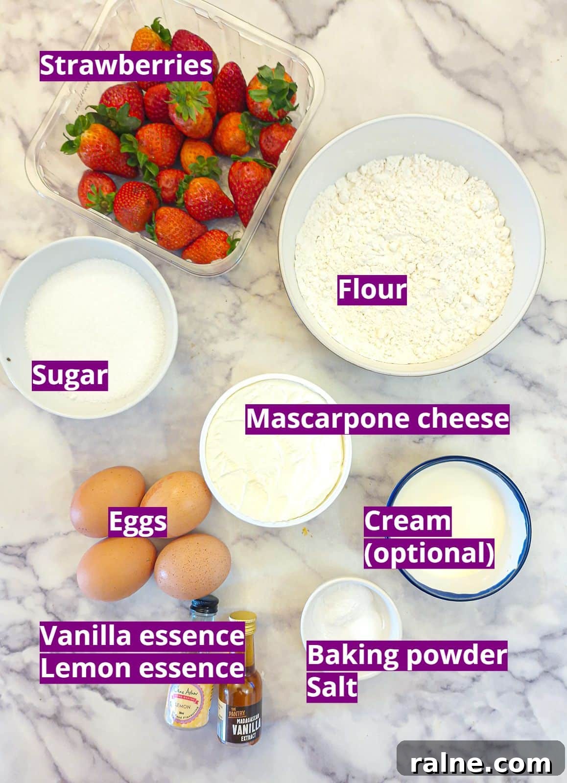 Light Mascarpone Strawberry Cake Without Butter — Moist Summer Dessert 4 Ingredients needed to make a strawberry mascarpone cake.