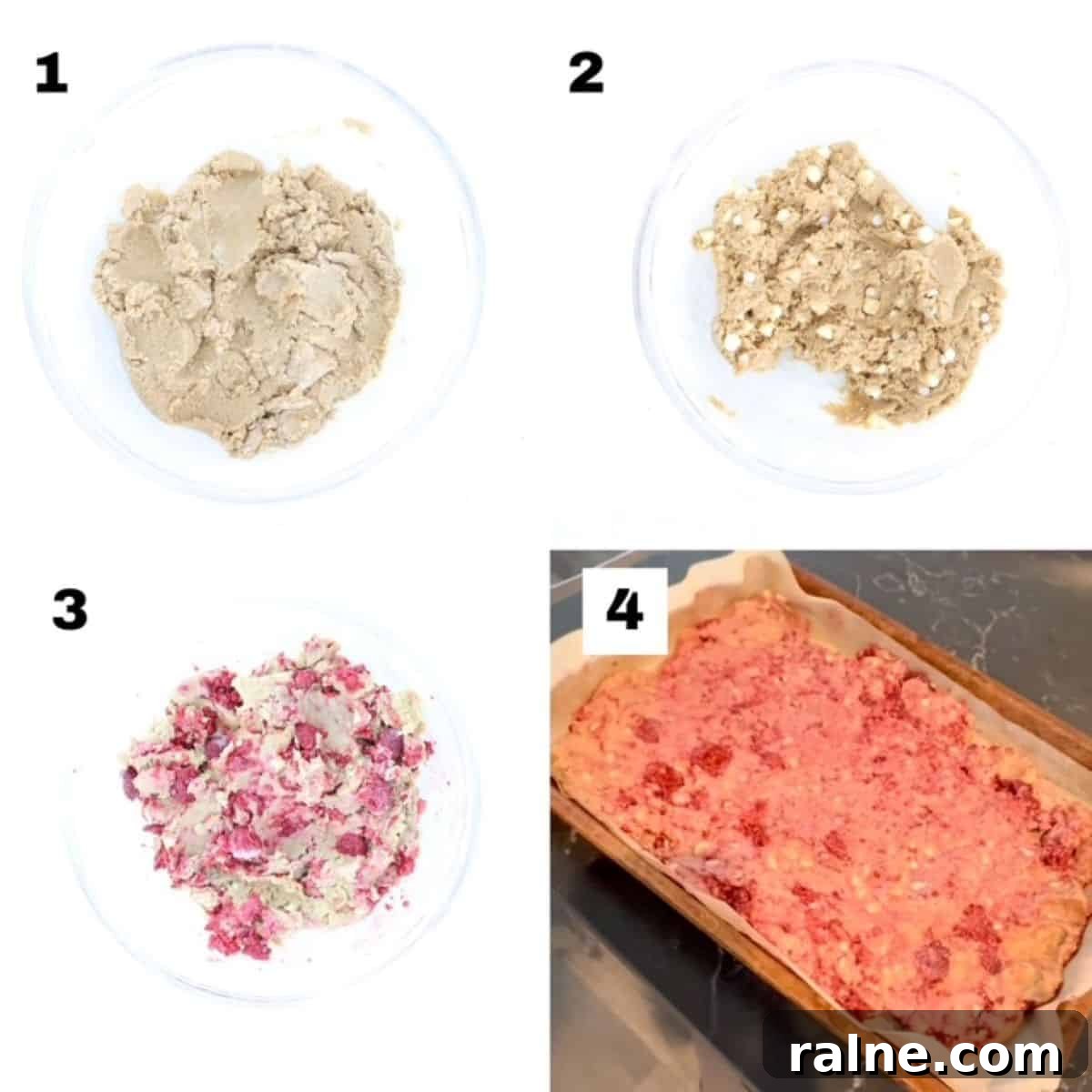 Raspberry White Chocolate Blondies with Crisp Edges and Gooey Center 4 Four numbered images showing how to make Raspberry and White Chocolate Blondies.