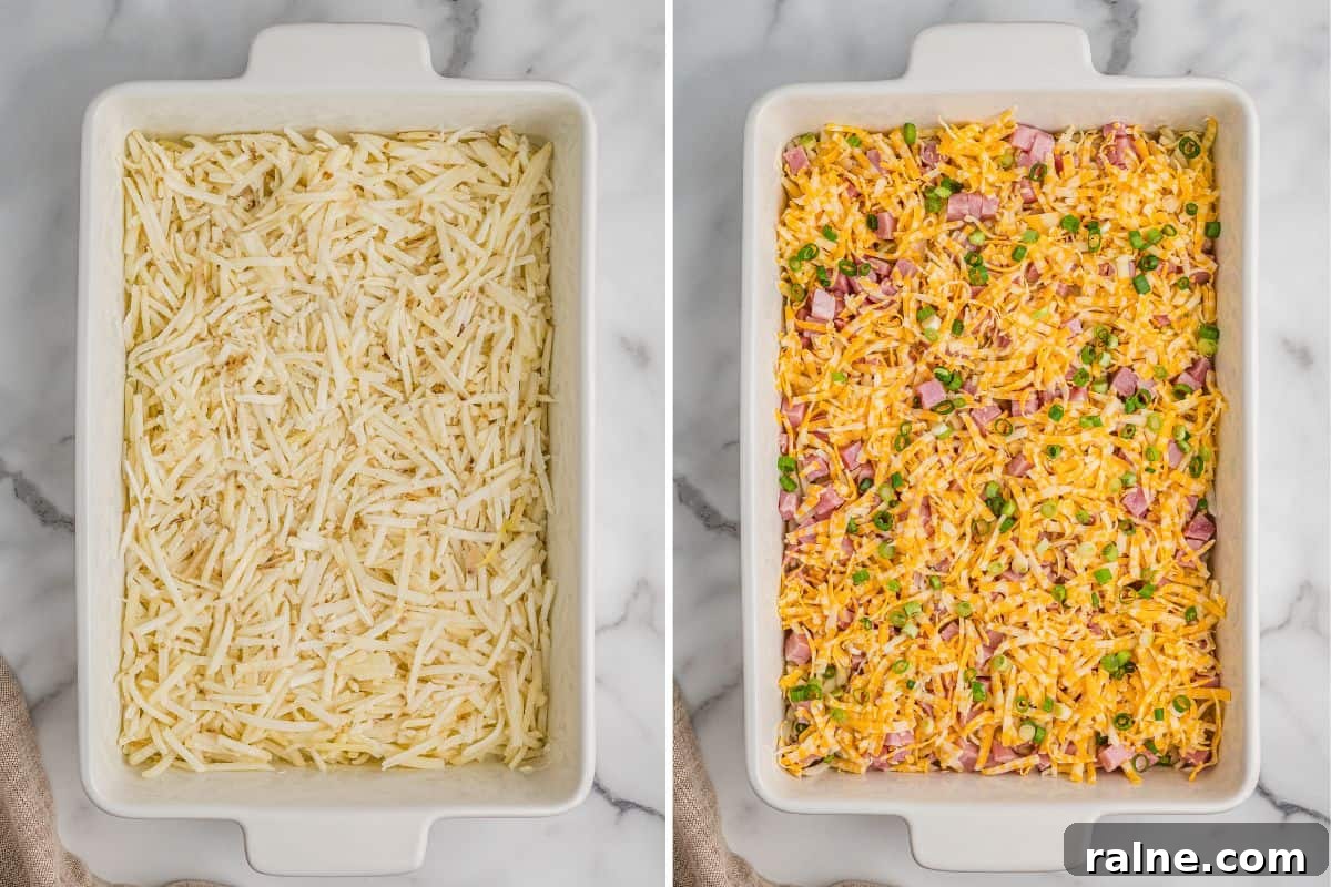 Two side-by-side photos of a white rectangular casserole dish; the left shows a layer of plain shredded hash browns, and the right shows the dish topped with shredded cheese, diced ham, and chopped green onions.