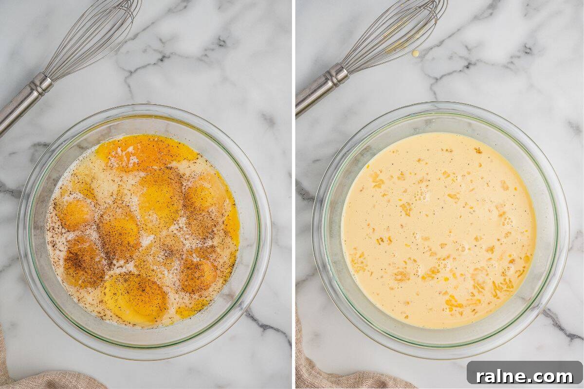 Side-by-side images of the egg mixture before and after whisking.