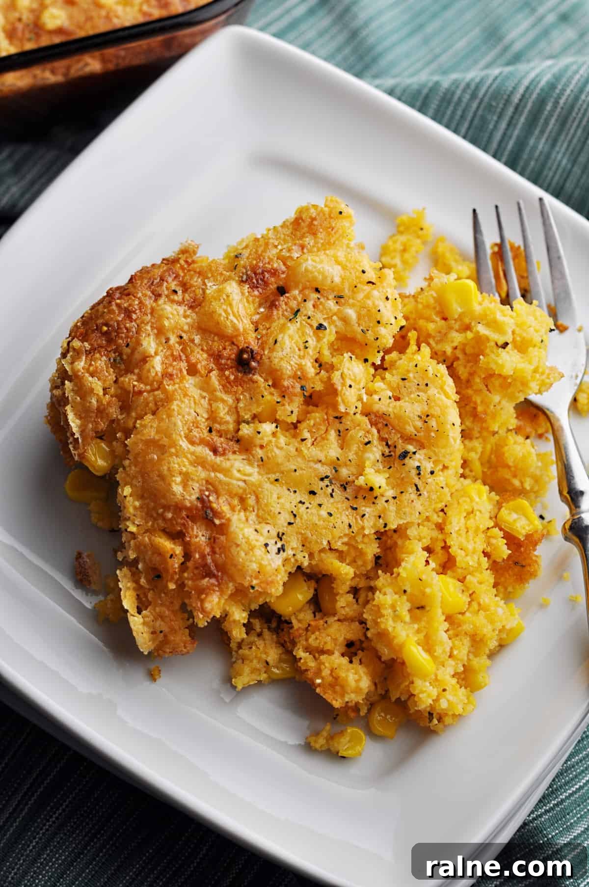 Baked cornbread casserole on plate