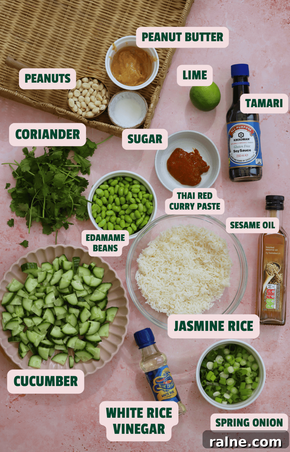 Crispy Rice Salad with Crunchy Veggies and Tangy Dressing 5 Ingredients for a crispy rice salad with text labels.