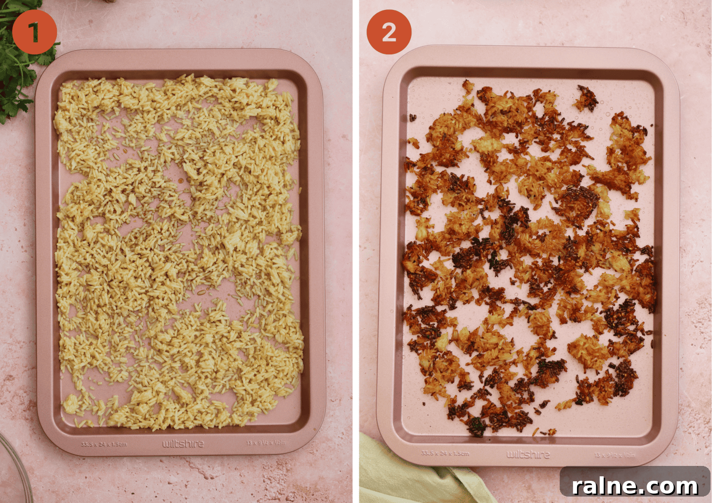 Crispy Rice Salad with Crunchy Veggies and Tangy Dressing 6 The rice on a baking tray before and after baking in the oven.