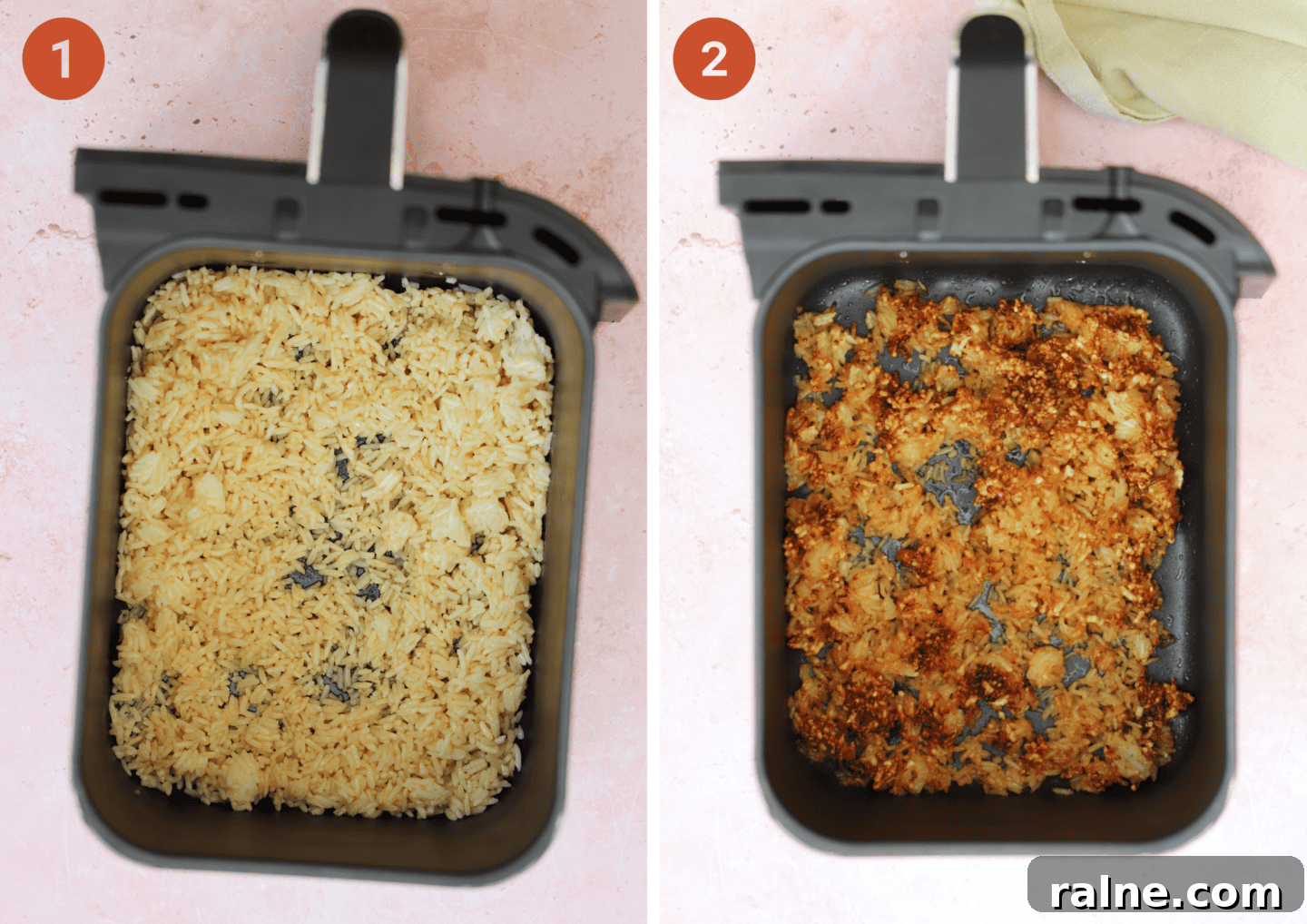 Crispy Rice Salad with Crunchy Veggies and Tangy Dressing 7 The rice in the air fryer before and after air frying.