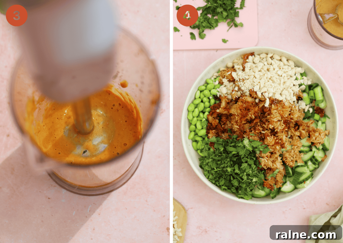 Crispy Rice Salad with Crunchy Veggies and Tangy Dressing 8 Blending the crispy rice salad dressing in a blender and (right) all the salad ingredients in a serving bowl before mixing.