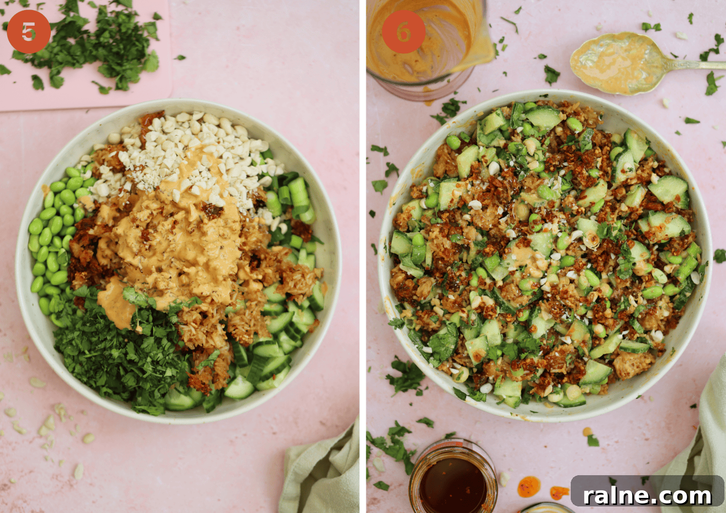 Crispy Rice Salad with Crunchy Veggies and Tangy Dressing 9 Adding the dressing to the crispy rice salad and (right) the finished dish.