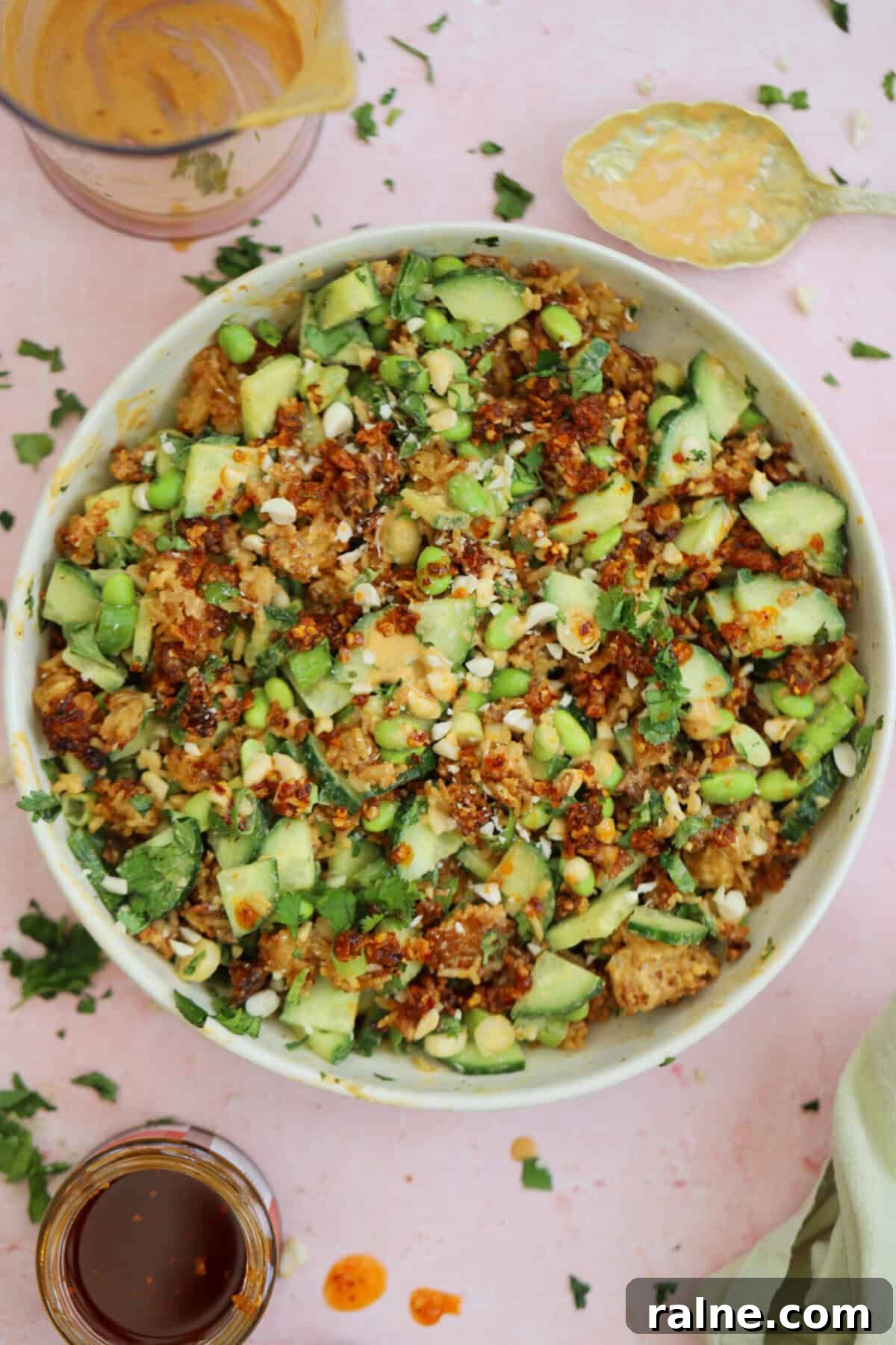 Crispy Rice Salad with Crunchy Veggies and Tangy Dressing 10 A bowl of crispy rice salad.