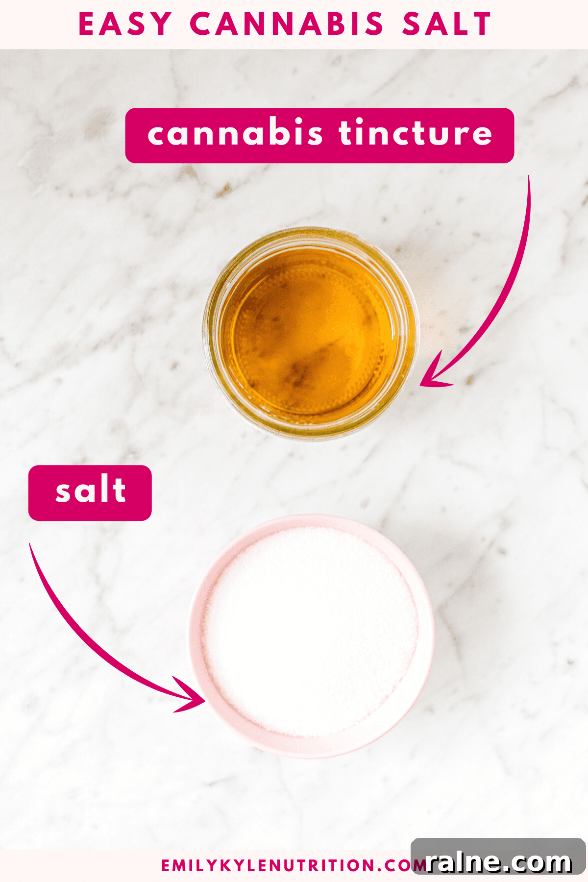 A white countertop with two mason jars fill of cannabis tincture and salt