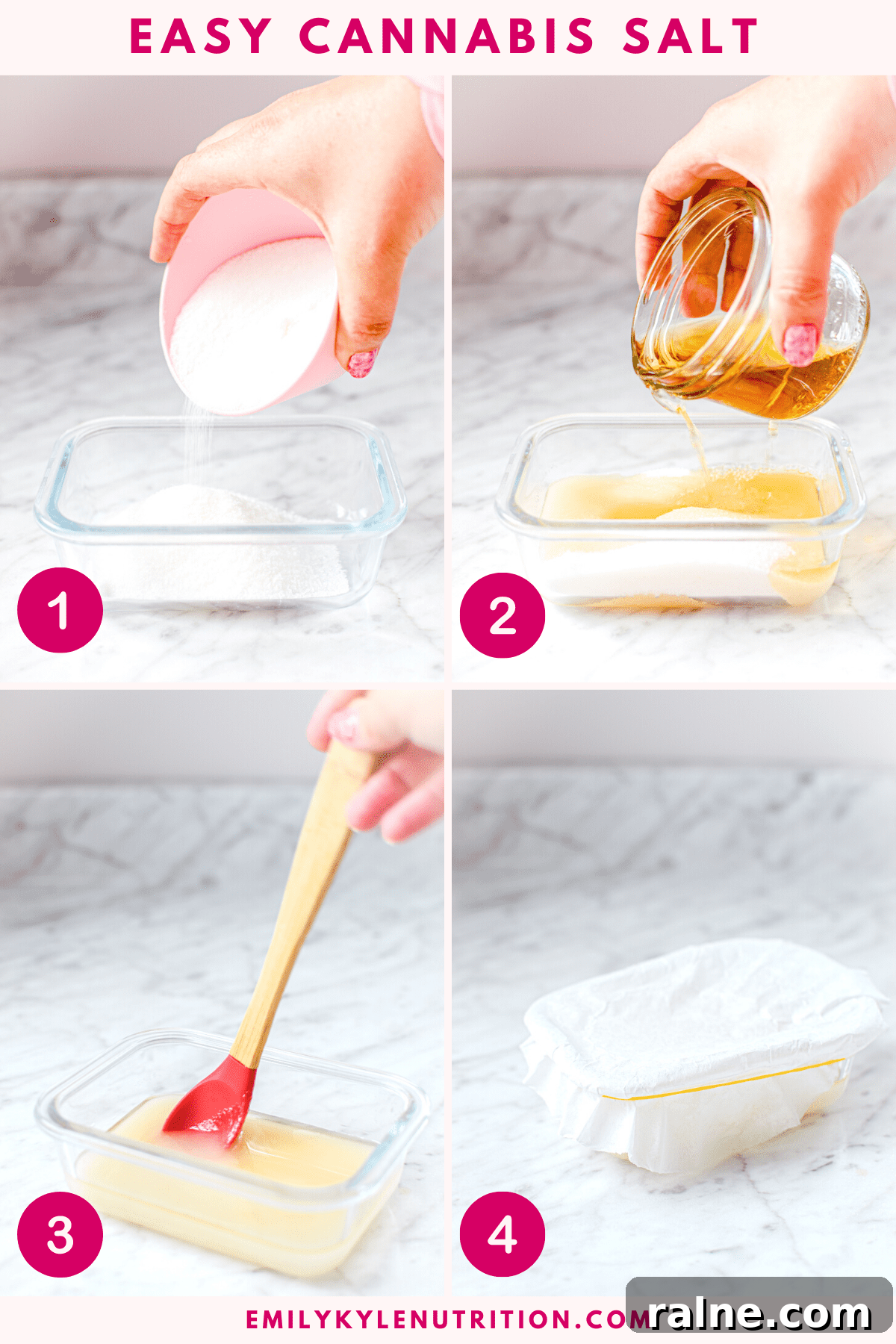A 4 step image collage showing the first 4 steps for making cannabis salt, the first pouring salt into a glass container, the second pouring the tincture over the salt, stirring the salt, and covering the container with a breathable fabric