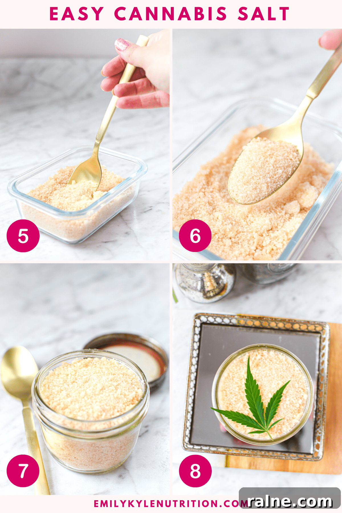 A 4 step image collage showing the last 4 steps to making cannabis salt from stirring the salt, and up close image in the spoon, a final mason jar, and the jar garnished with a leaf