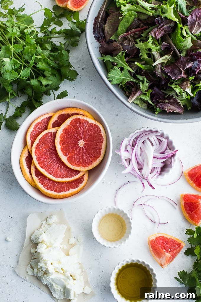 Overhead view of ingredients to make Grapefruit Salad with Cilantro and Goat Cheese.