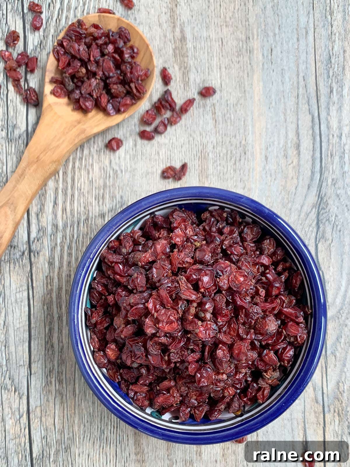 Barberries (Zereshk): A Culinary Guide to Persia’s Tangy Jewel 4 Barberries straight down offset in blue bowl w wooden spoon.