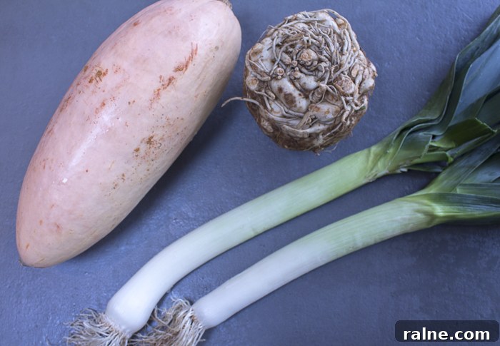 Squash, Celeriac and Leeks provide the base of the soup