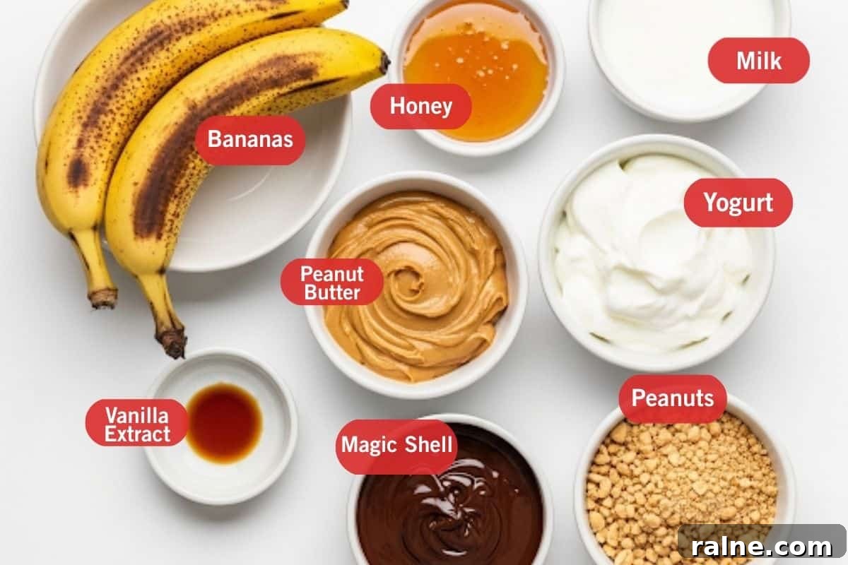 Creamy Banana Popsicle Recipe: 4-Ingredient Frozen Treat 3 Flat lay of ingredient shot of bananas, honey, milk, yogurt, peanut butter, vanilla extract, magic shell and peanuts