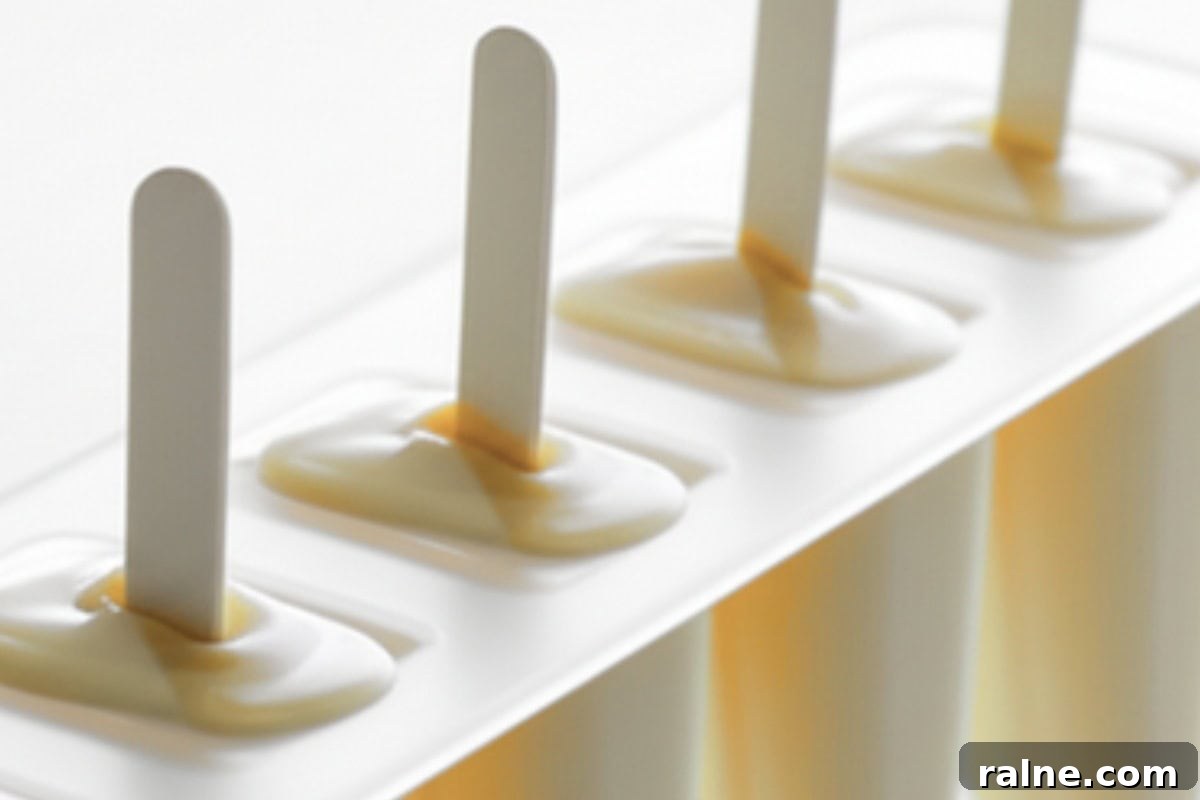 Creamy Banana Popsicle Recipe: 4-Ingredient Frozen Treat 6 Pour the mixture into the popsicle molds and insert a stick.