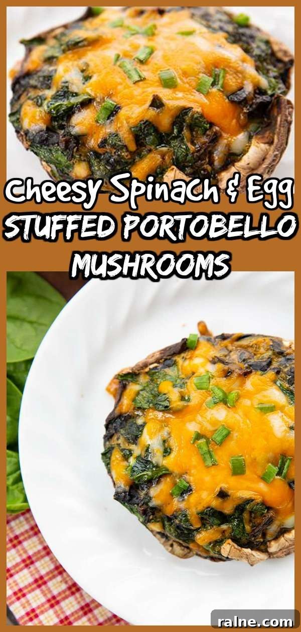 Cheesy Egg and Spinach Stuffed Portobello Mushrooms by @TheKitchenMagpieLowCarb #eggs #portobello #spinach #cheese #mushrooms #recipe #food
