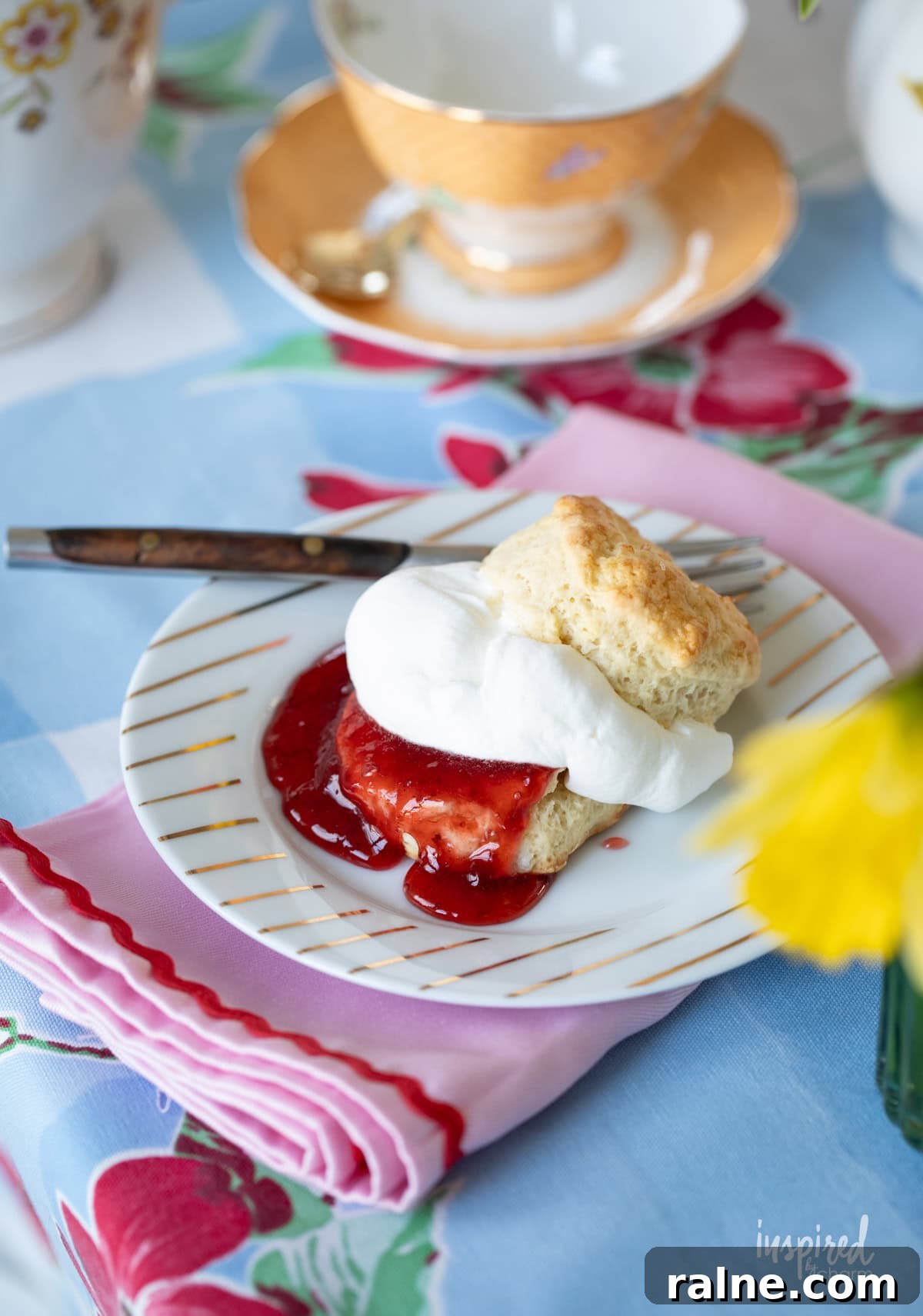 scone on a plate served with jam and whipped cream.