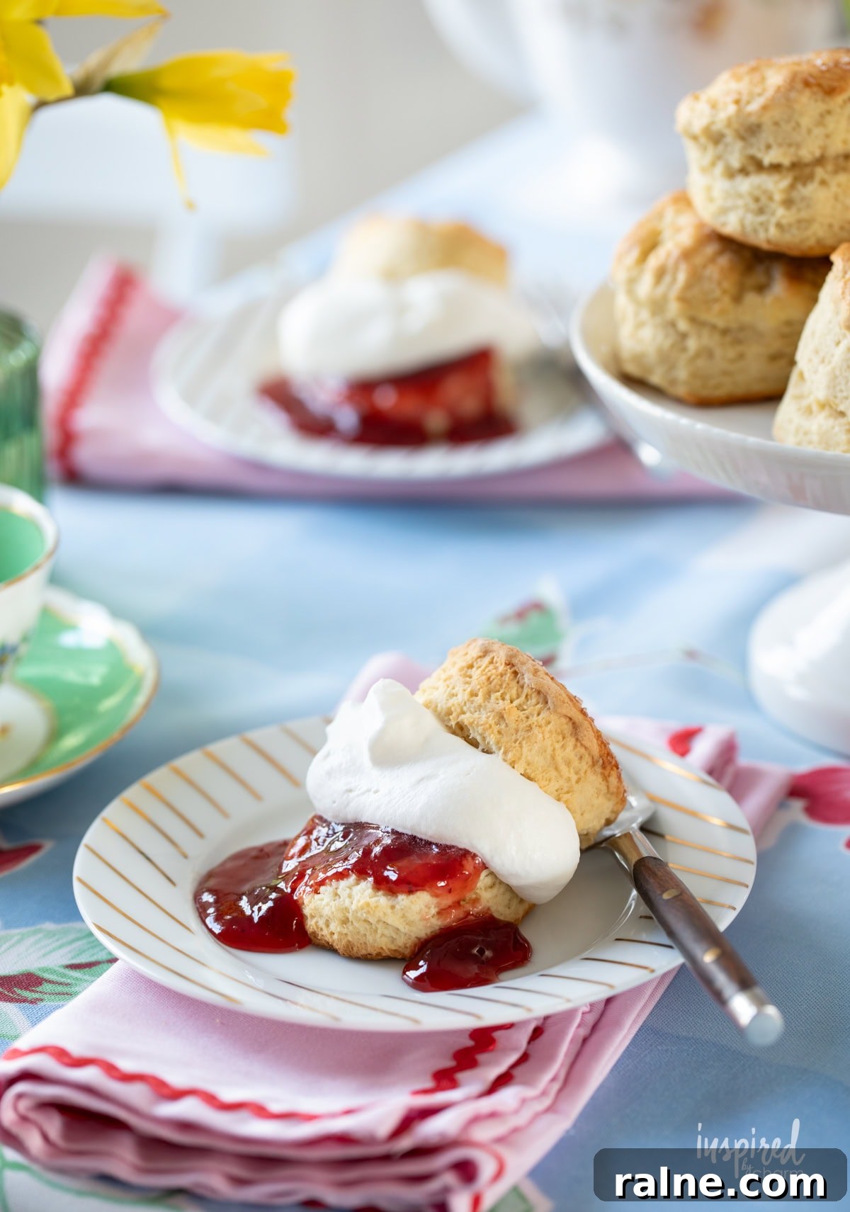 two scones served with whipped cream and strawberry jam on small plates.