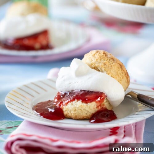 scone served with whipped cream and strawberry jam on a plate with a fork.