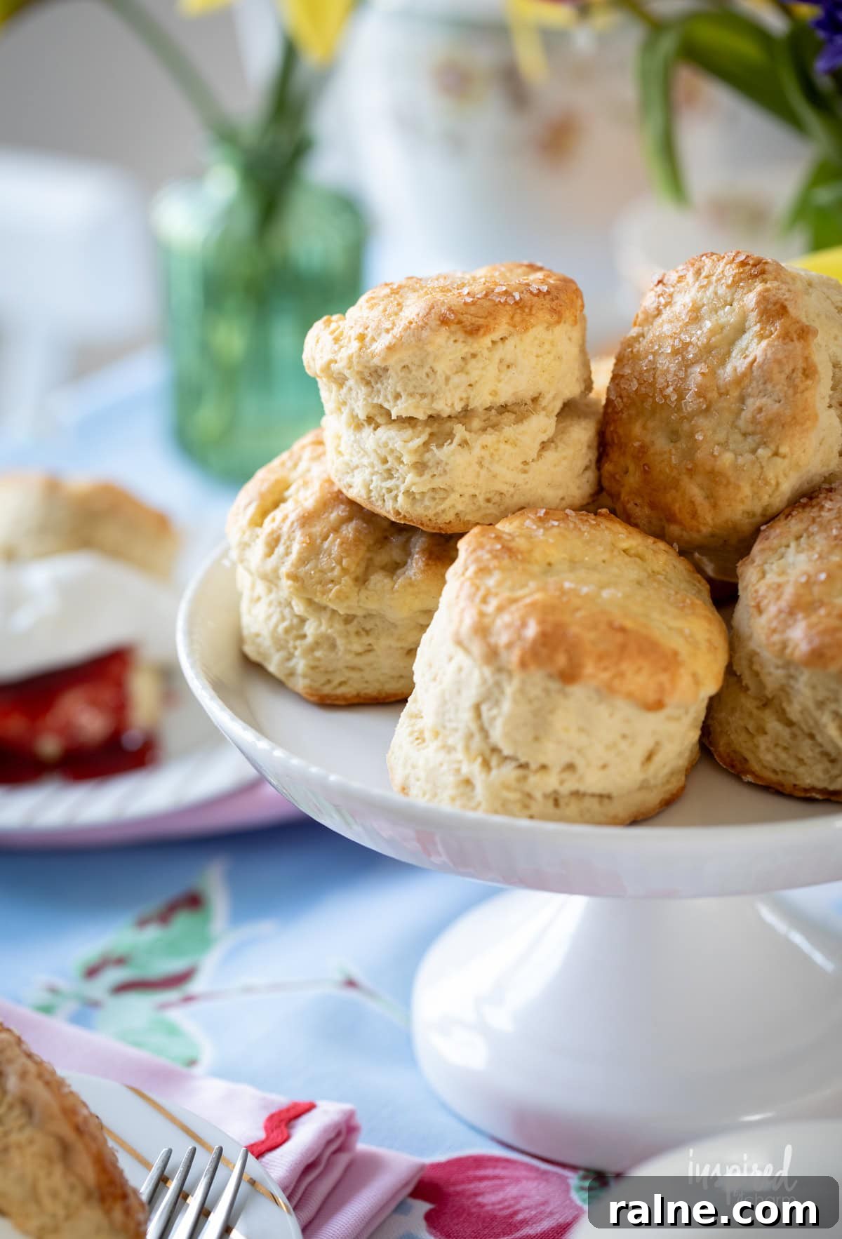 stack of scones on a small white cake stand.