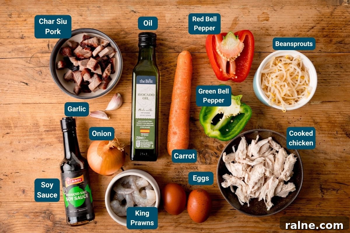 Singapore Stir-Fry Noodles with Curry and Shrimp 5 A wooden table displaying labelled ingredients for a Singapore Noodle stir fry: char siu pork, cooked chicken, king prawns, eggs, veg, soy sauce, garlic, onion and oil.