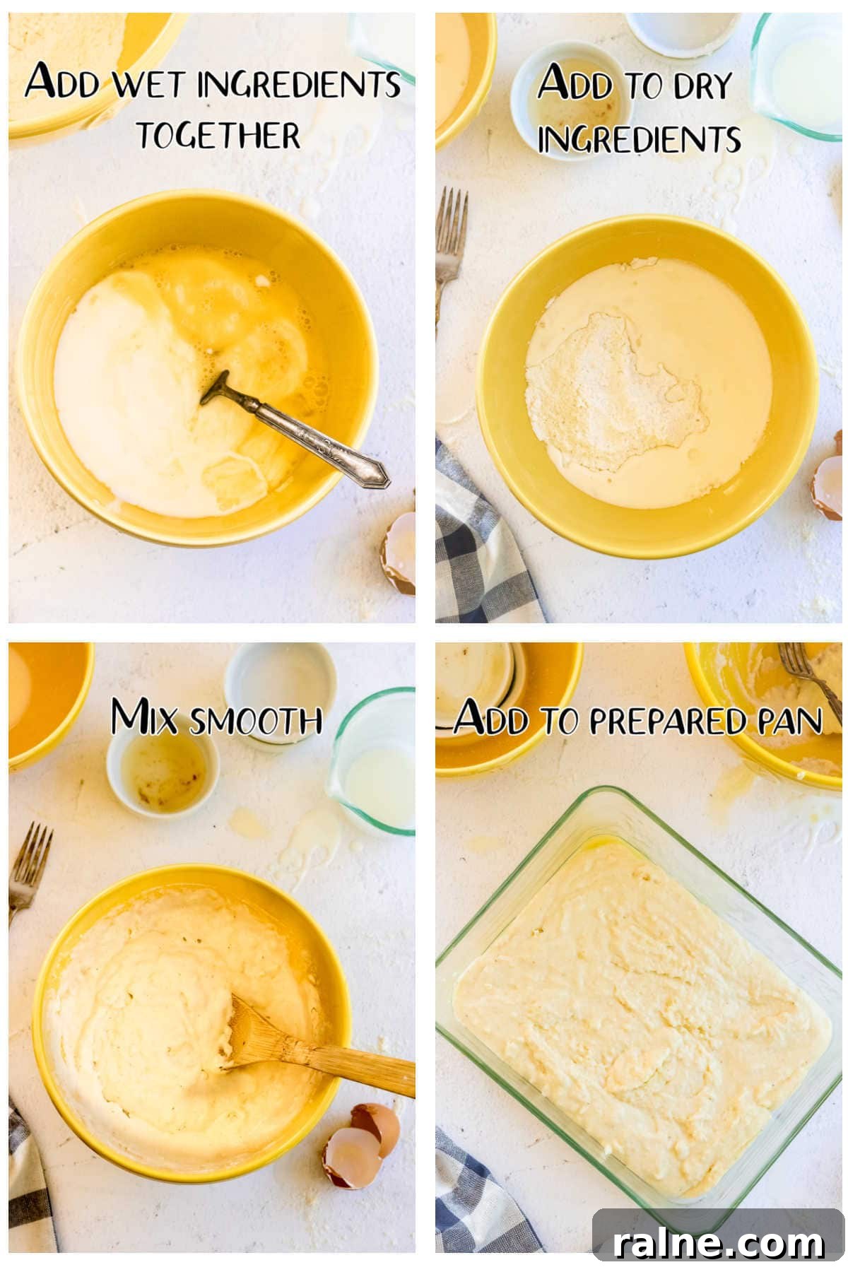 Step by step images for making cornbread.
