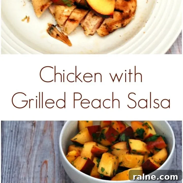Grilled peach salsa adds a smoky sweet flavor to spiced chicken breasts. Use thin-sliced chicken breasts to cut down on cooking time. #CLBlogger